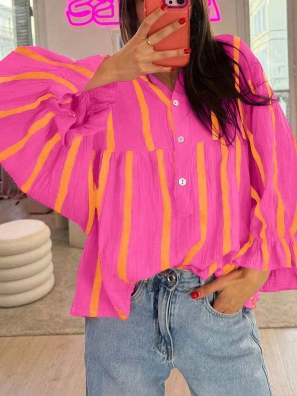 Pink Yellow Casual Women's Plus Size Striped Loose Blouse